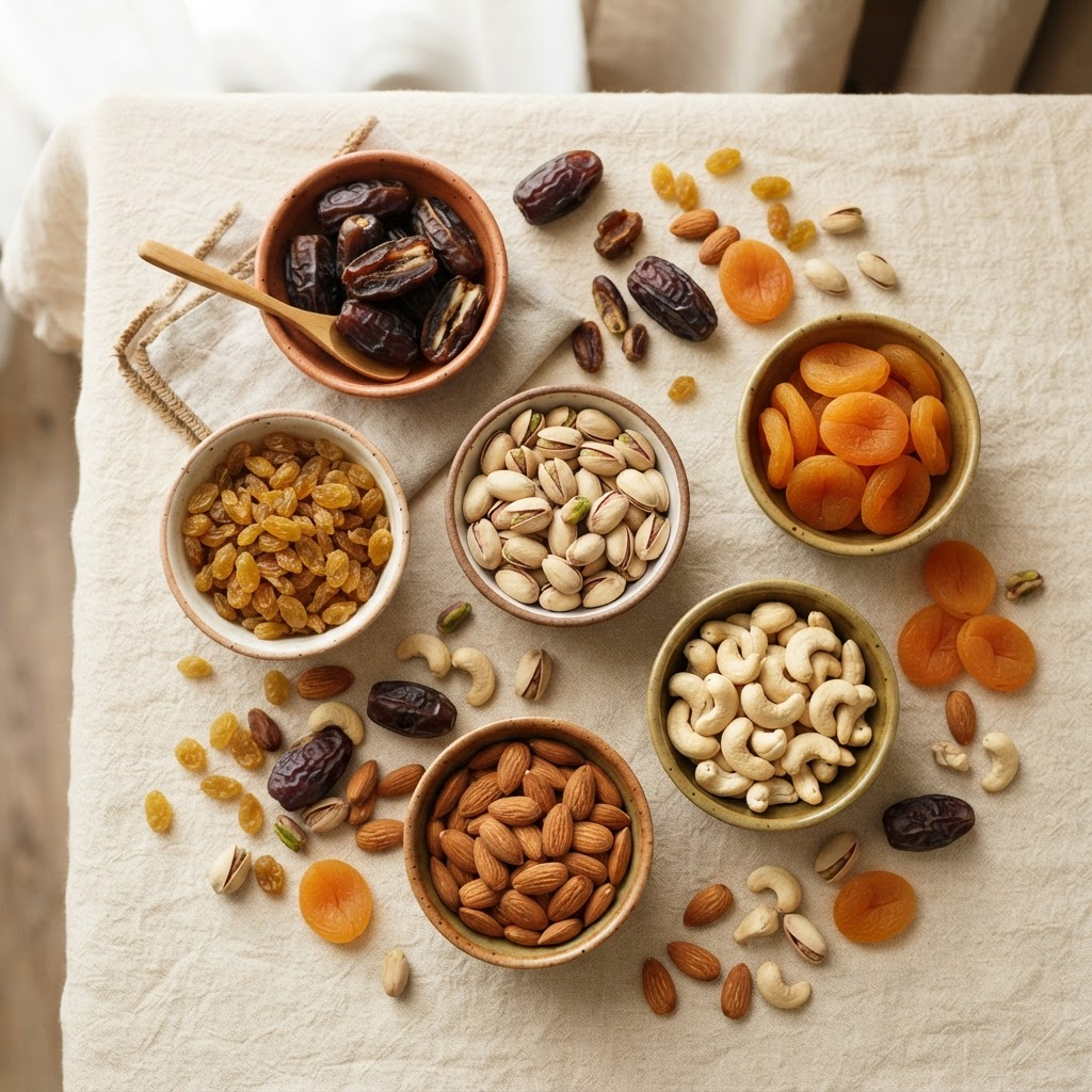 Assorted premium dry fruits and nuts in ceramic bowls on a cream linen surface
